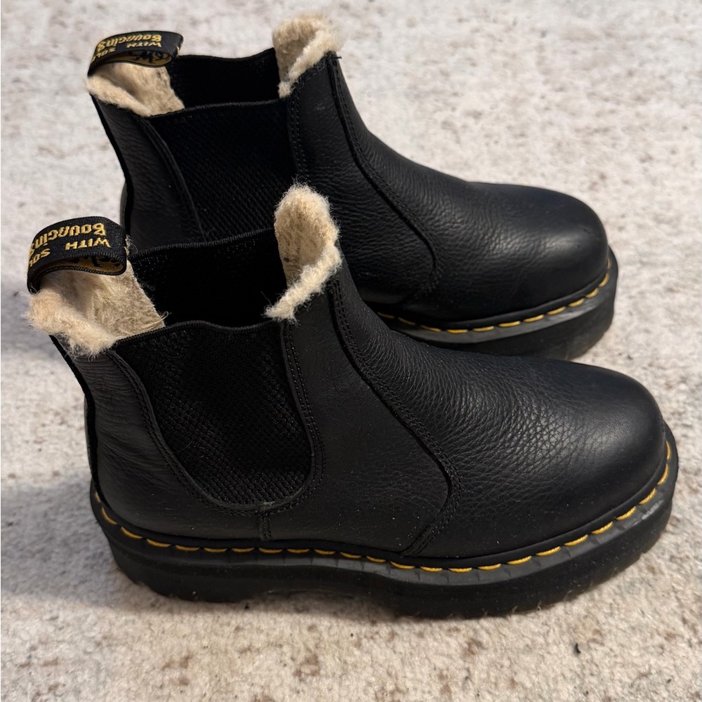 Dr. Martens Black Leather Chelsea Boots with Cream Shearling Collar
